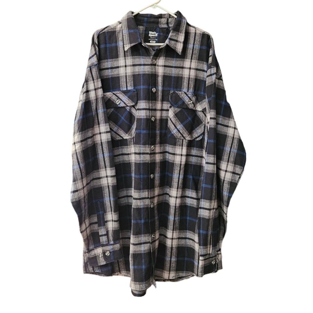 Work n' Sport Men's Flannel Shirt NEW Size 2XT Plaid Black Blue Gray Cotton
